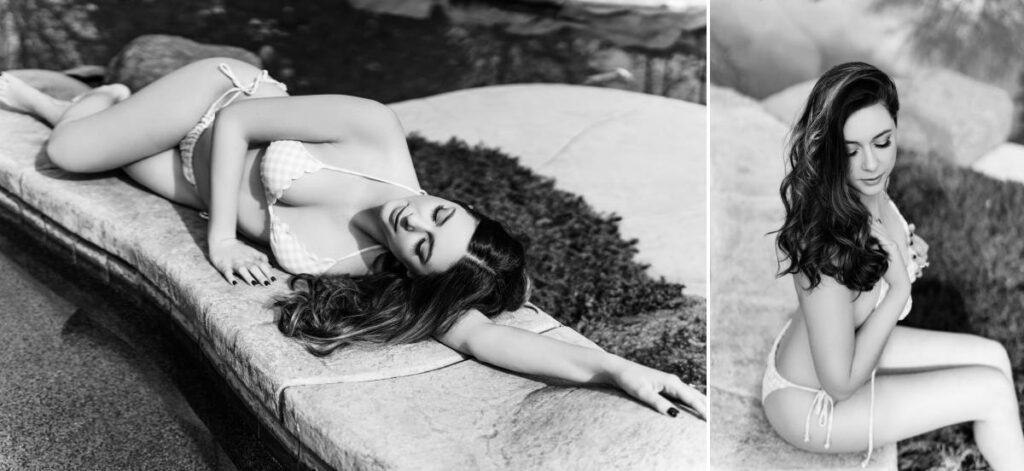 outdoor poolside boudoir photo shoot black and white